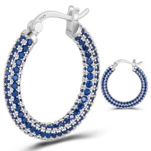 14K White Gold Sterling Silver with Blue Sapphire Cubic Zirconia Hoop Earrings